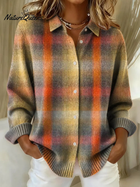 Women's Plaid Pattern Art Print Casual Cotton Knitted Sweater