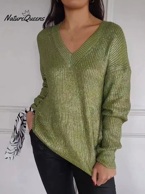 Women's Solid Color V-Neck Long Sleeve Casual Loose Knit Top