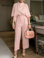 Women's Solid Color Stand-collar Three-quarter Sleeve Casual Loose Cotton And Linen Cardigan And High-waisted Wide-leg Pants Set