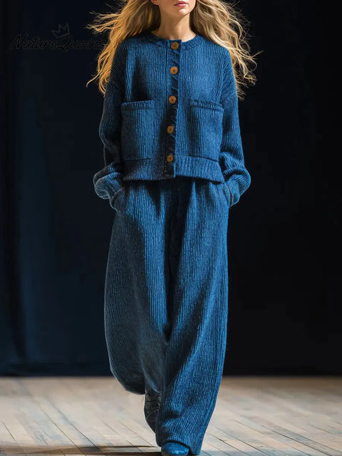 Women's Solid Color Round Neck Long Sleeve Casual Loose Knit Cardigan Elastic Waist Casual Loose Wide Leg Pants Set