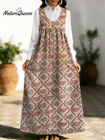 Women's Retro Splicing Colorful Flowers Pattern Art Print Casual Cotton Denim Dress