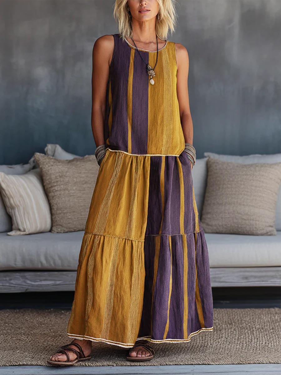 Women's Casual Cotton-linen Two-piece Set: Geometric Print Crew Neck Sleeveless Loose-fit Top & High-waisted A-line Skirt