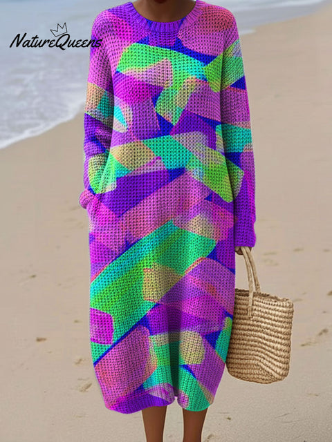 Women's Color Block Abstract Pattern Casual Round Collar Long Sleeve Dress