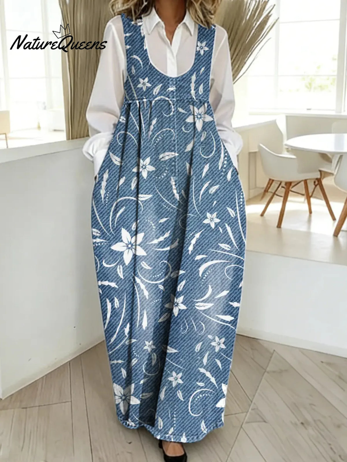 Women's Vintage Flower Pattern Art Print Casual Cotton Denim Dress