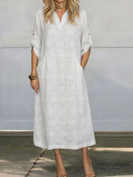 Women's Solid Color Lapel Long-sleeved Casual Loose Cotton Embroidered Dress
