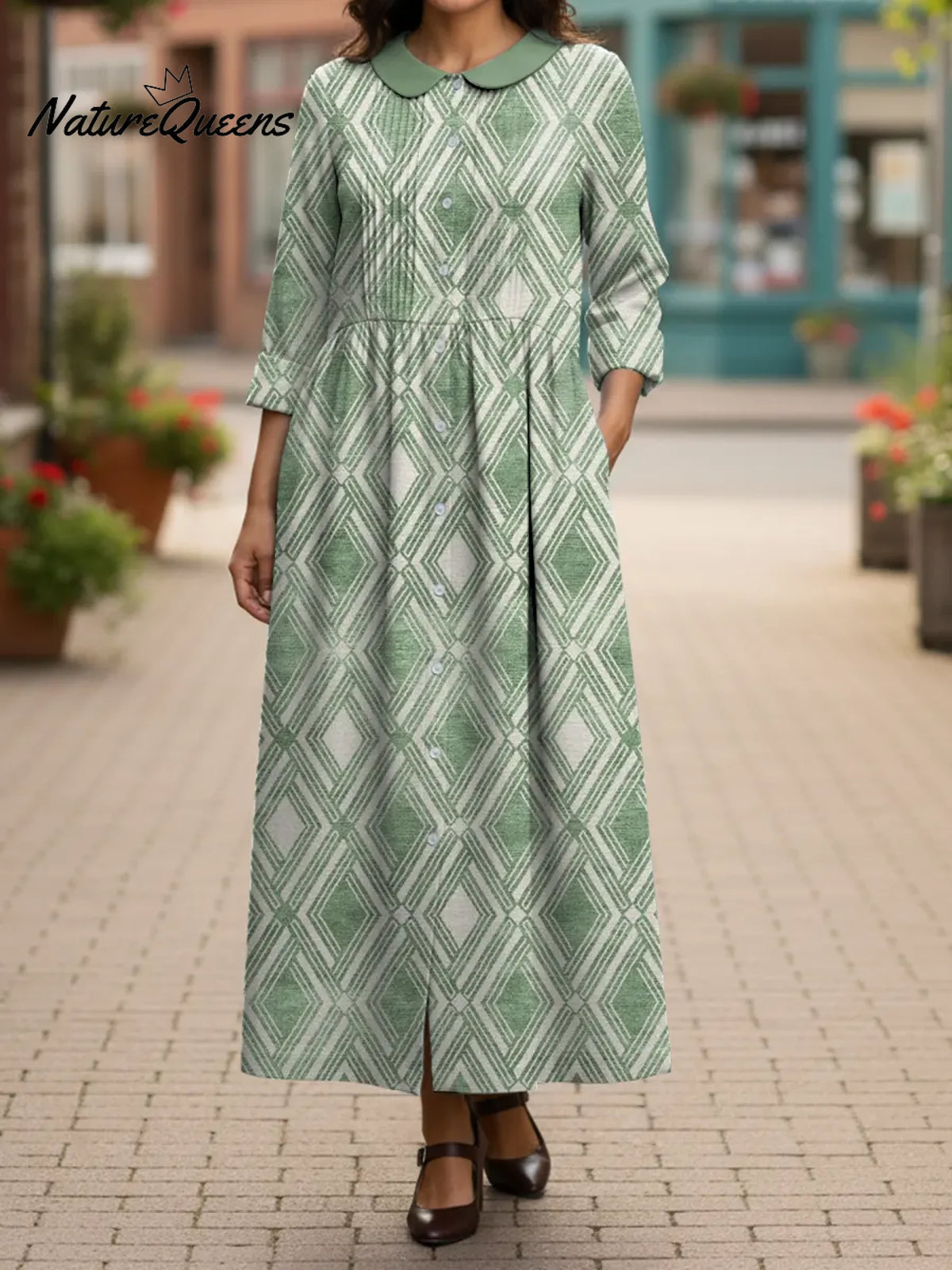 Women's Retro Diamond Checkered Cotton And Linen Dress