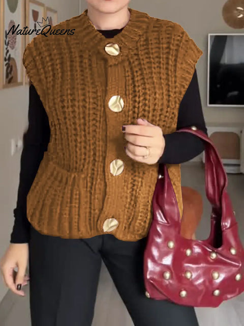 Women's Solid Color Round Neck Sleeveless Casual Loose Vest Knit Cardigan