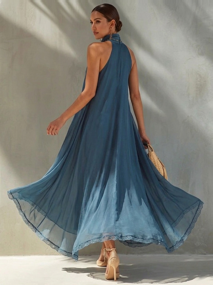 Elegant Vacation Party Mock-neck Chiffon Dress