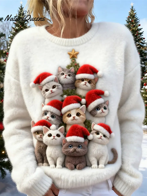 Women's Cute Christmas Cat Art Print Casual Sweater