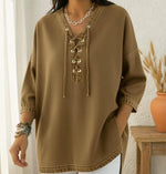 Casual Lace-up V-neck Denim Cotton Top