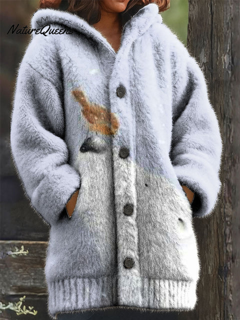 Women's Retro Christmas Snow Cute Animals Fox Pattern Art Print Casual Plush Warm Coat