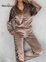Women's Velvet Solid Color Patchwork Leopard Print Zip-up Sweatshirt And Pants Two-piece Set