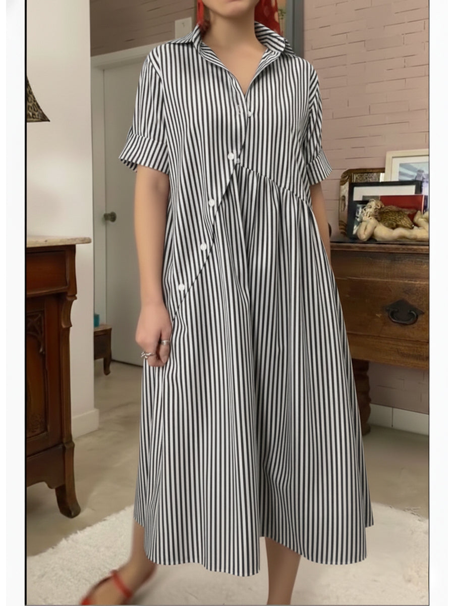 Casual Striped Cotton Shirt Dress