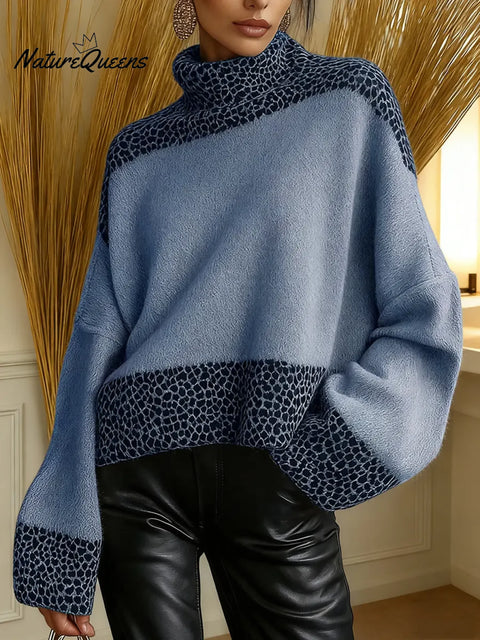 Women's Leopard Print Patchwork High-Neck Long-Sleeve Casual Loose Knit Dress