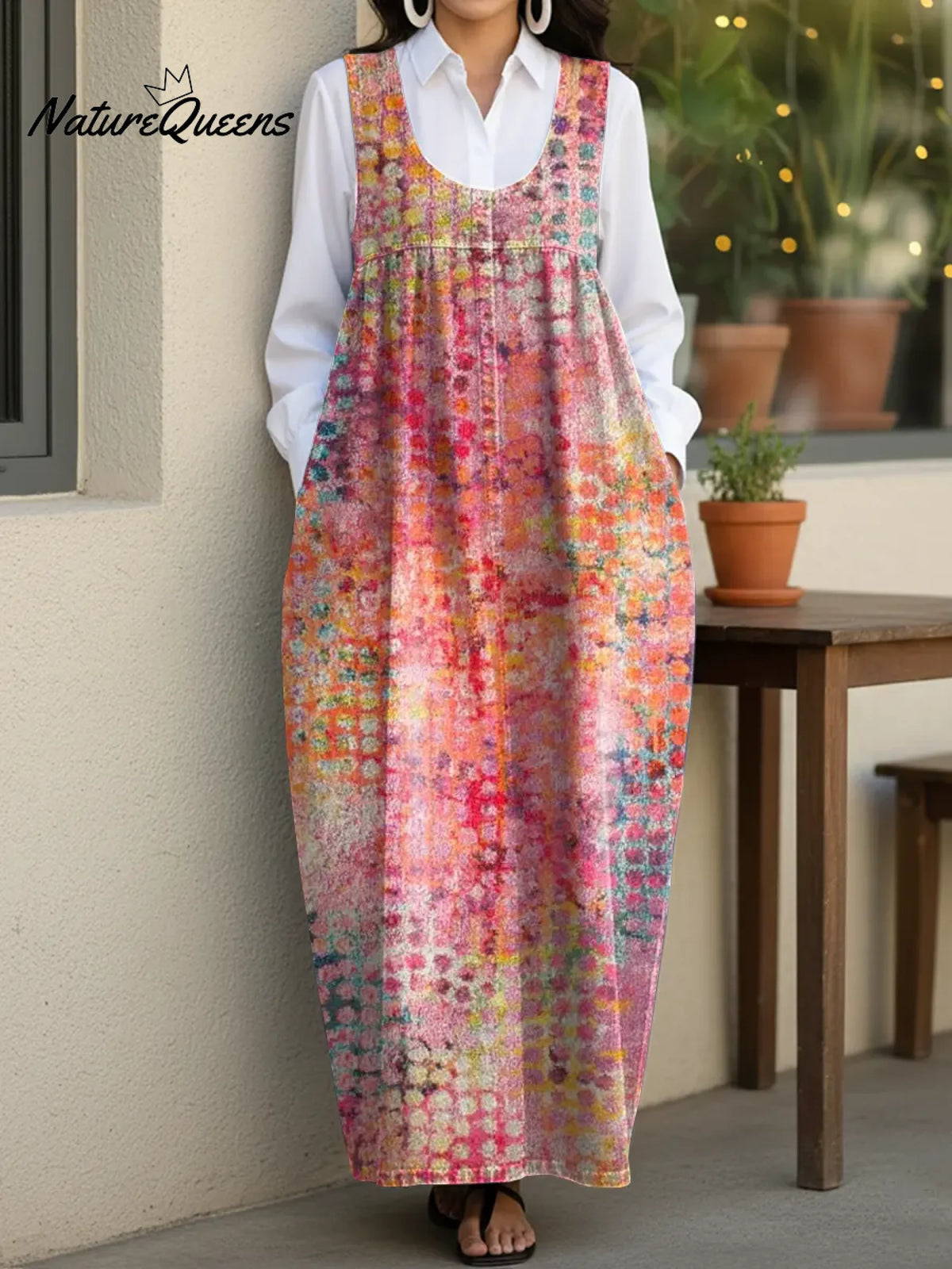 Women's Pink Art Dots Casual Loose Denim Vest Dress