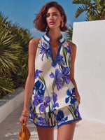 Vacation-style Vintage Blue Floral Print Cotton-linen Two-piece Set