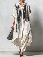 Loose-fit Casual Two-piece Set: Artistic Print Linen & Cotton Long Shirt And Trousers