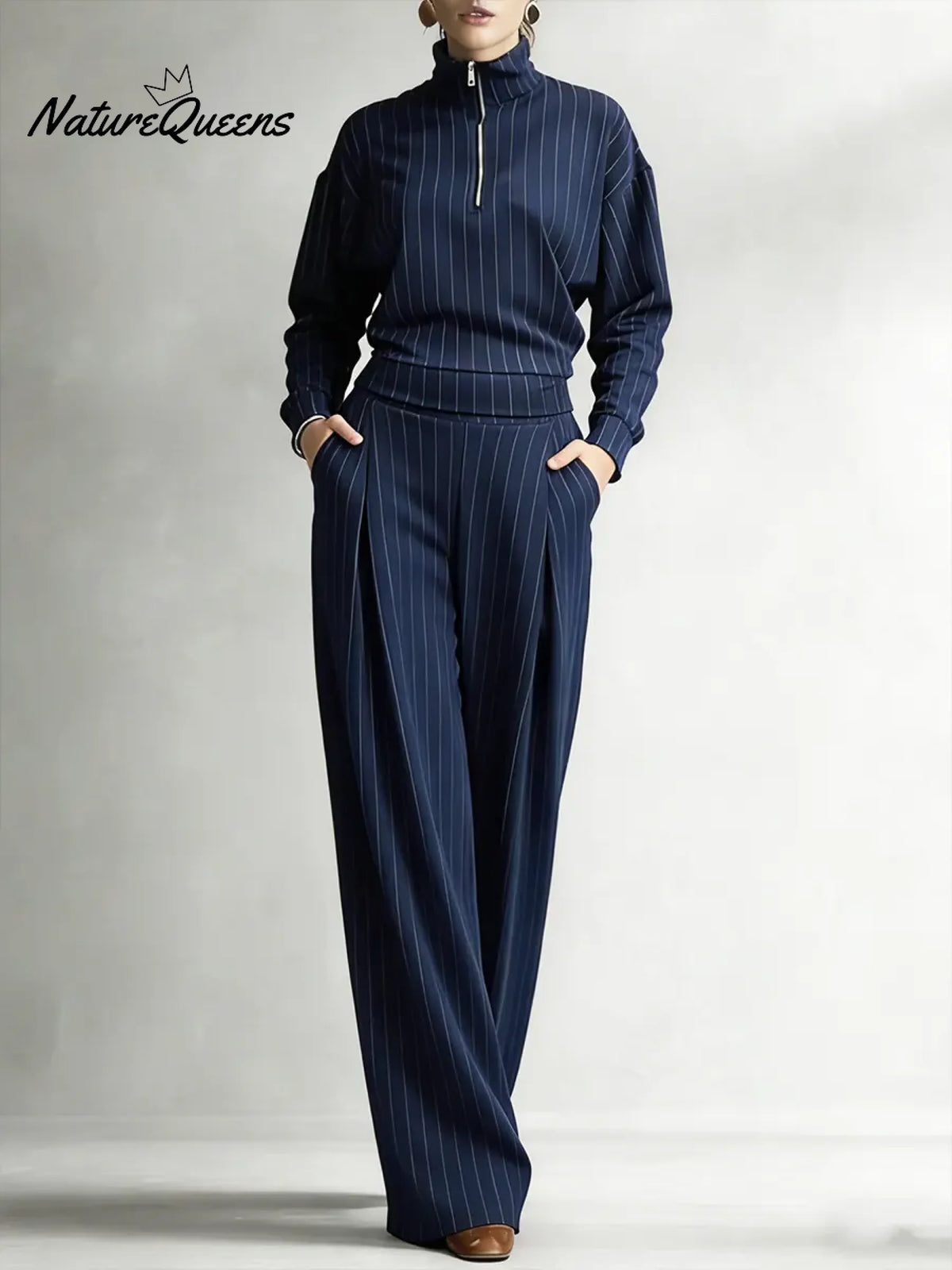 Women's Striped Stretch Cotton Half-zip Top And Wide-leg Pants Two-piece Set
