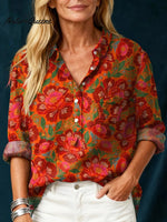 Women's Vintage FlowerArt Print Casual Cotton And Linen Shirt