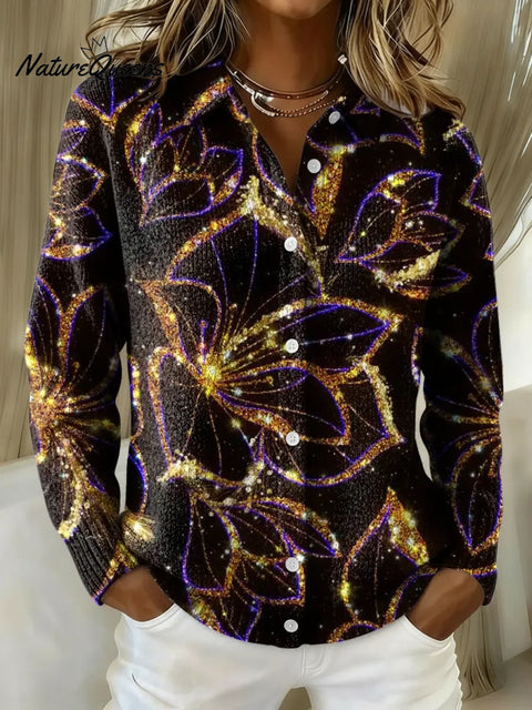 Women's Retro Golden Flowers Printed Collared Sweater