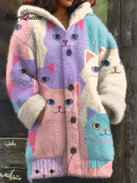 Women's Funny Cats Pattern Art Print Casual Fleece Coat