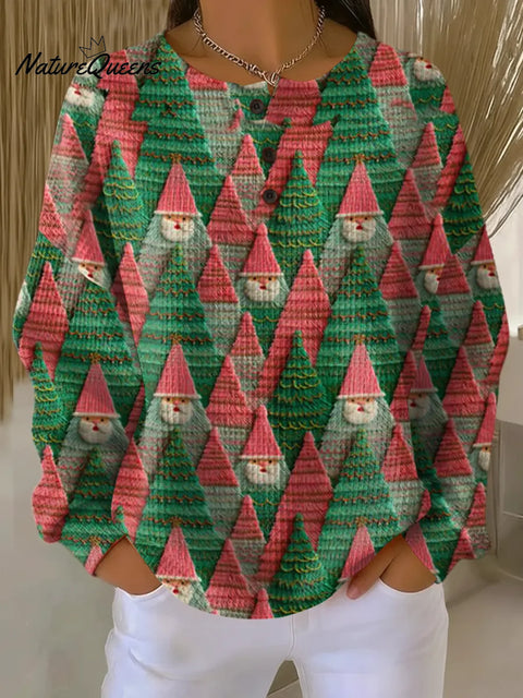 Women's Christmas Santa  Art Print Casual Cotton Waffle Sweatshirt