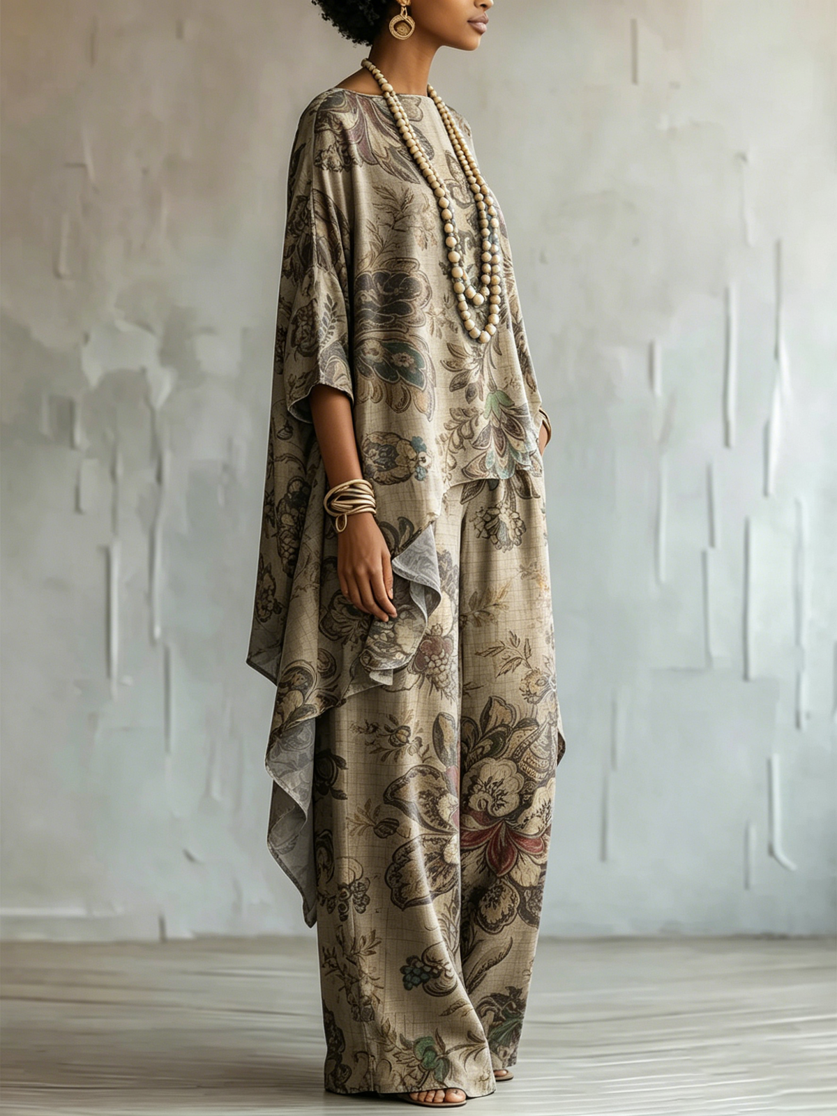 Loose-fit Vintage Floral Cotton-linen Top + Wide-leg Pants Set