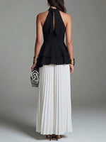 Women's Irregular Waist Ruffle Blouse With Chiffon Wide-leg Pants Set