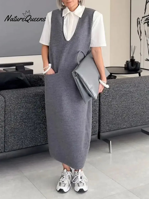 Women's Solid Color V-Neck Sleeveless Casual Loose Vest Dress