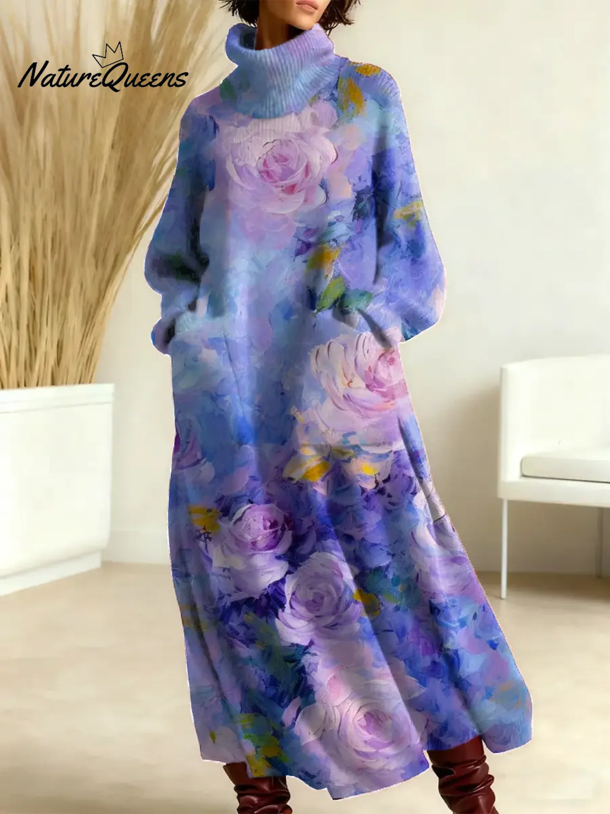 Women's Floral Pattern Art Print Casual Cotton Knitted Dress