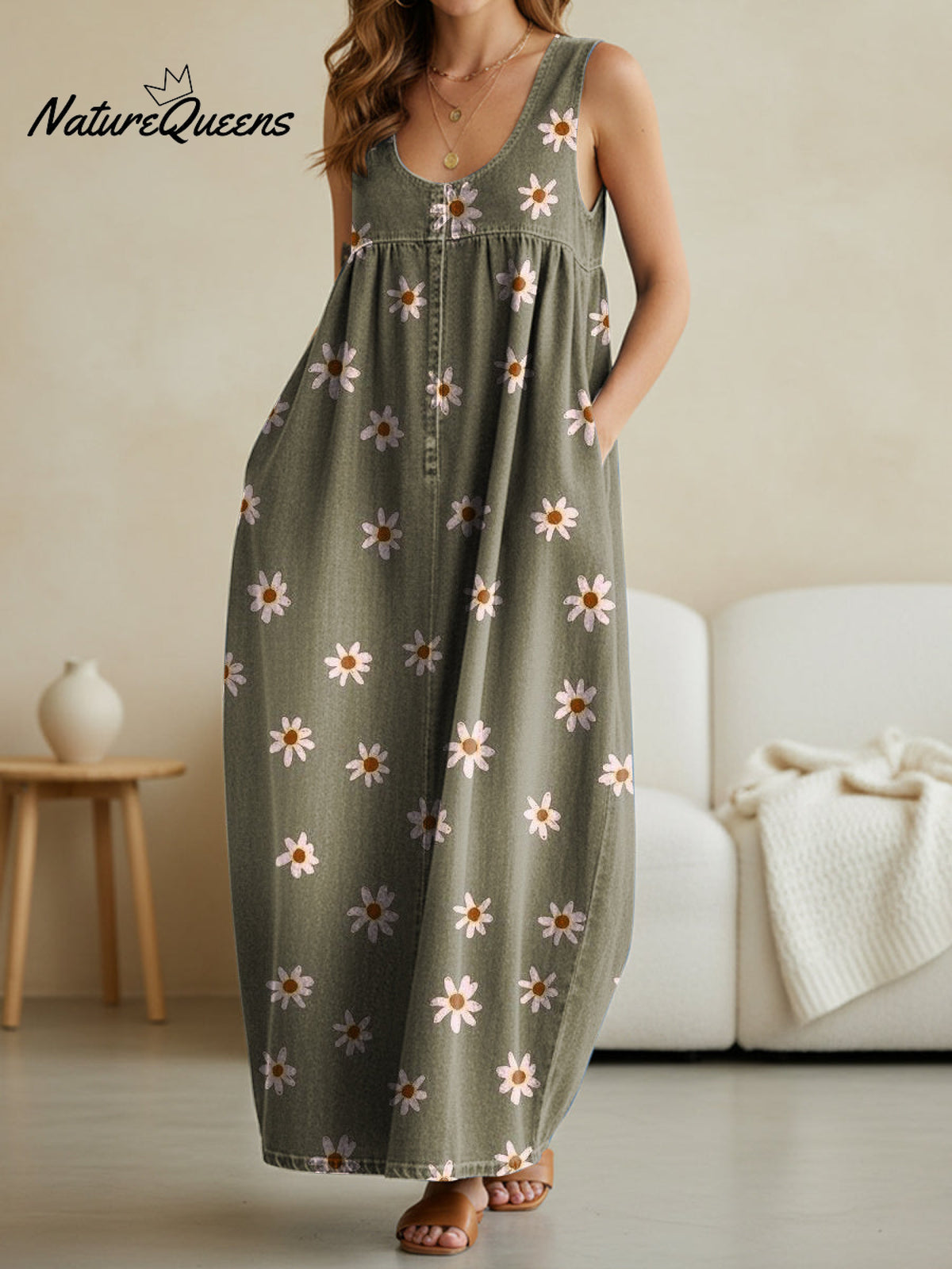 Women's Flower Art Print Casual Loose Denim Vest Dress