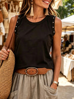 Women's Causal Sleeveless Star-shaped Rivets Round Neck Cotton Vest Top