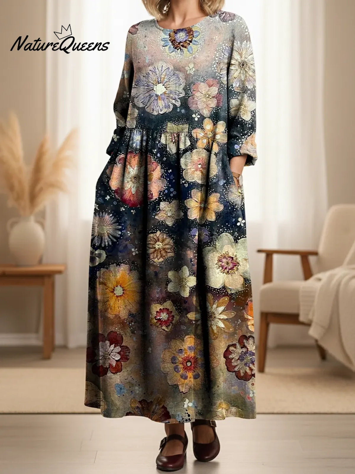Women's Vintage Gradient Art Flowers Print Pocket Cotton Dress