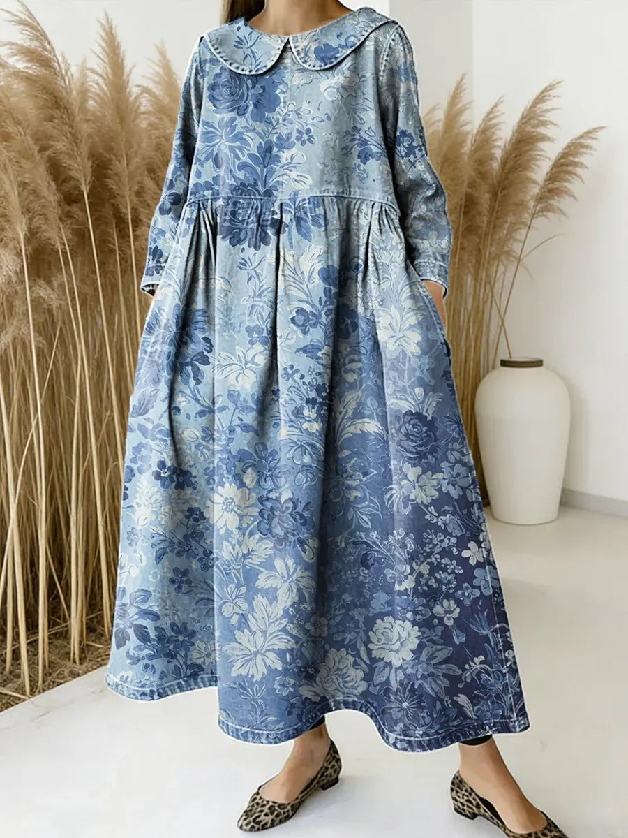 Women Floral Pattern Art Print Casual Denim Dress