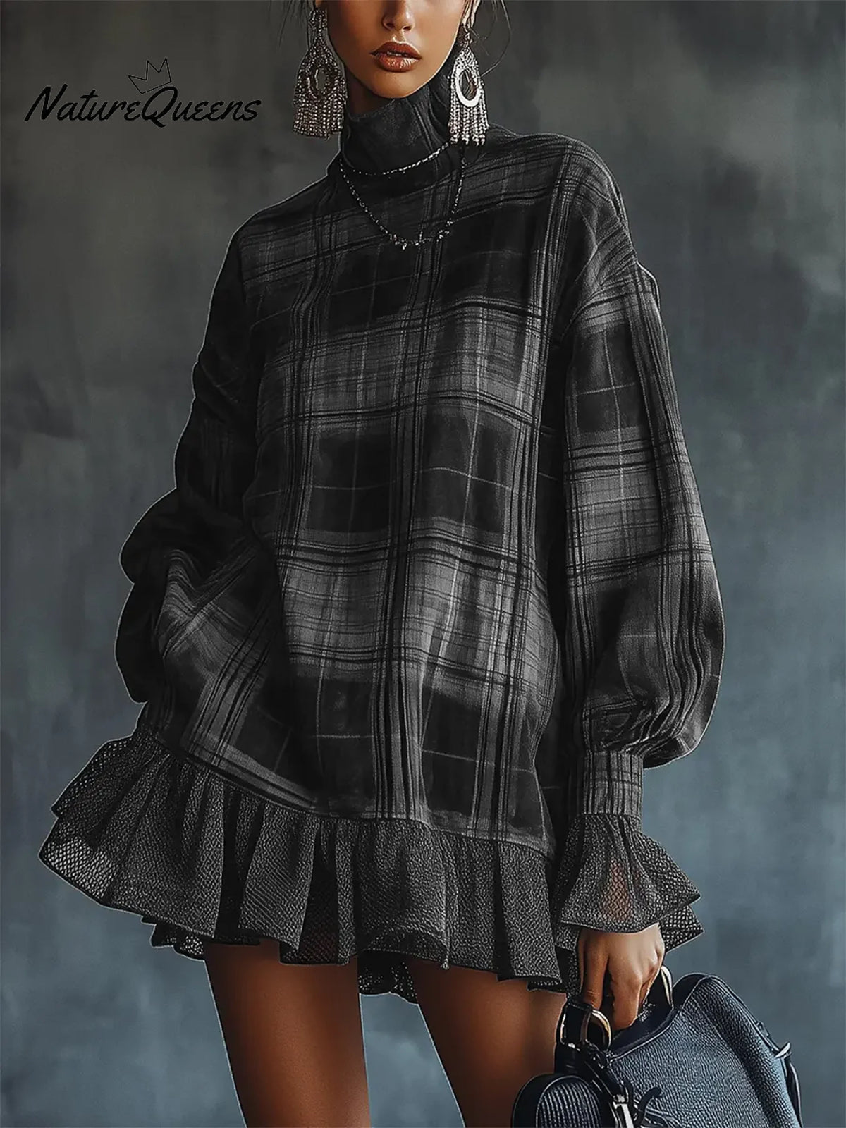 Women's Plaid Print High-neck Long-sleeved Casual Loose-fitting Cotton Linen Top