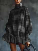 Women's Plaid Print High-neck Long-sleeved Casual Loose-fitting Cotton Linen Top
