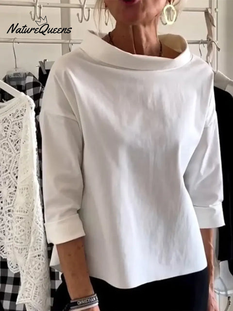 Women's Solid Color Stand Collar Long-sleeved Casual Loose Cotton Shirt