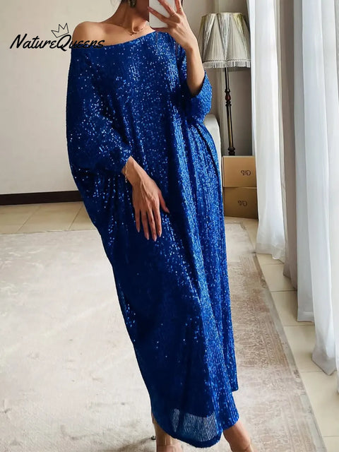 Women's Christmas Sparkling Horizontal Neck Loose Dress