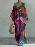Colorful Gradient Decorative Pattern Long Sleeve Linen Cotton Top And Pants