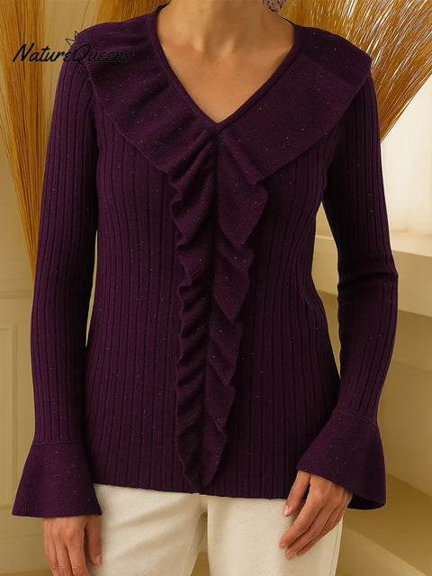 Women's solid color V-neck ruffled long-sleeved casual loose sequined top