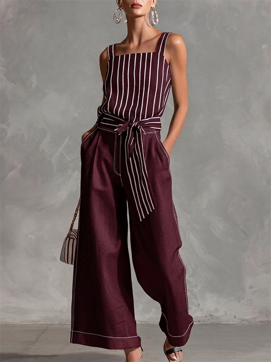 Women's Striped Print Square-neck Sleeveless Loose-fit Cotton-linen Top & High-waisted Wide-leg Pants Casual Set