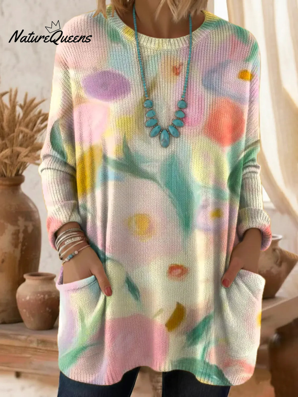 Women's Floral Pattern Art Print Casual Cotton Knitted Sweater