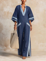 V-neck Notch Placket Color-blocked Stripe Wide-leg Linen-cotton Jumpsuit