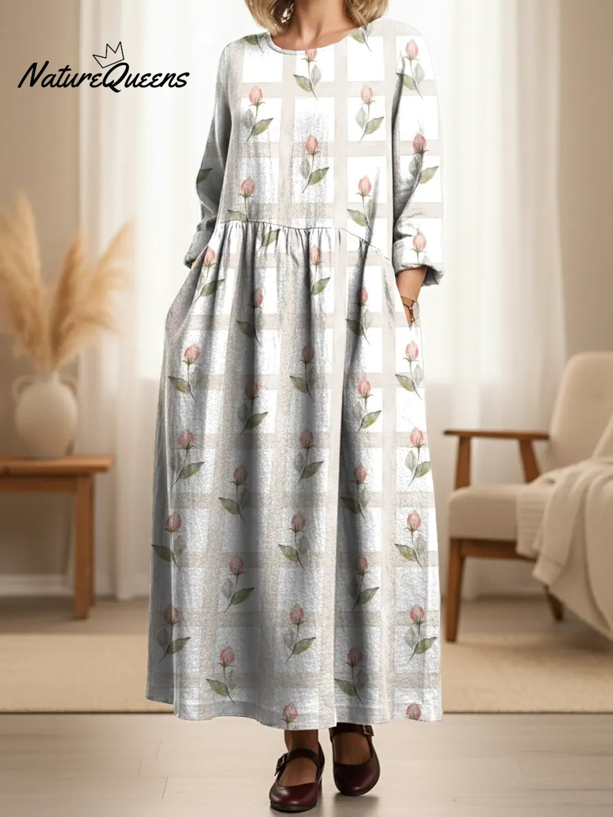 Women's Plaid Floral Print Pocket Cotton Dress