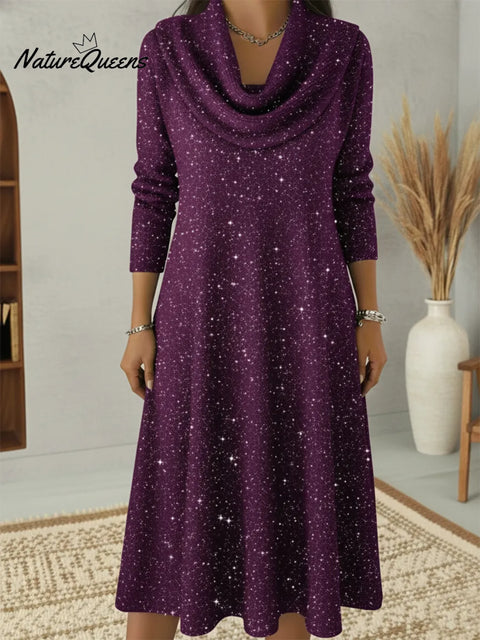 Elegant Christmas Cowl Neck Shiny A-line Midi Dress