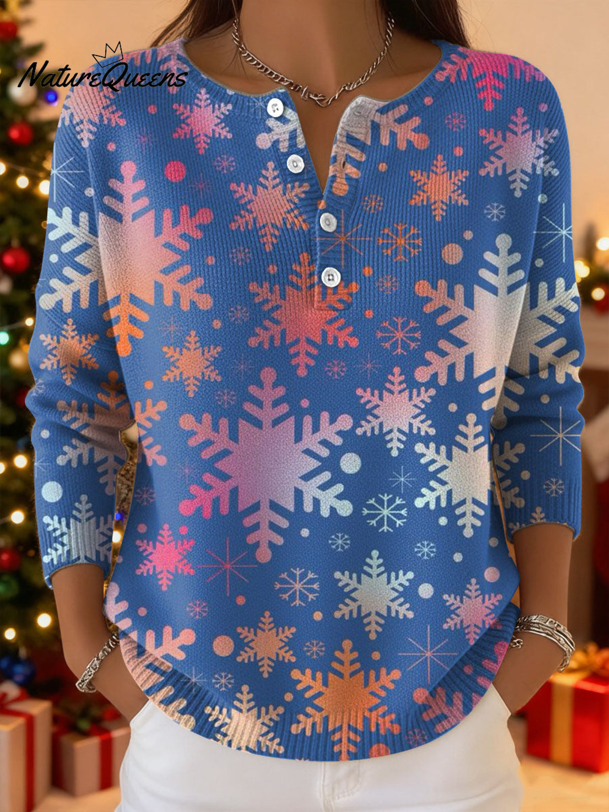 Women's Christmas Gradient Snowflakes Pattern Art Print Buttoned Cardigan Sweater