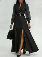 Women's Patchwork Organza Sleeve Maxi Split Denim Dress