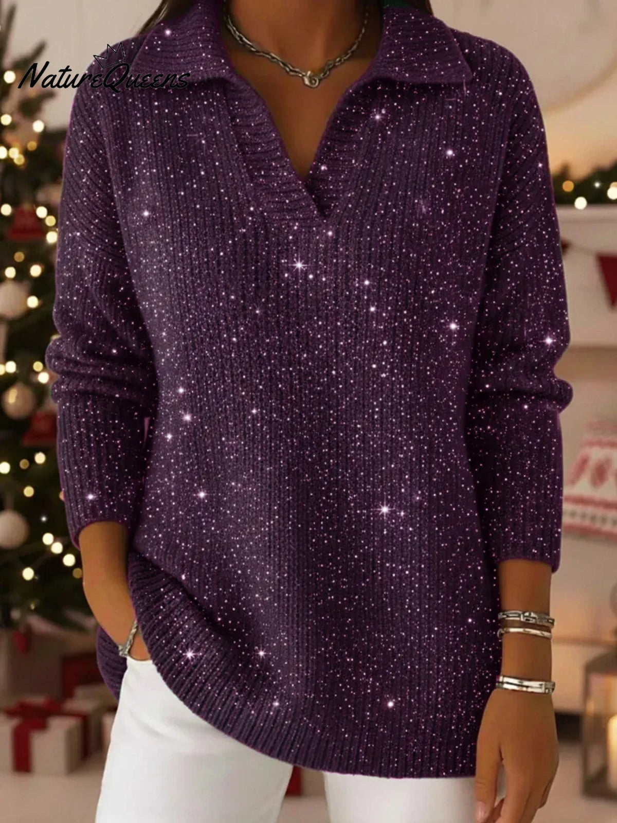 Christmas Party Polo Collar Shiny Loose Sweater Top