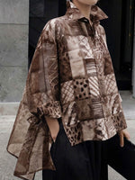 Women's Casual Loose-fit Printed Top With Shirt Collar And Long Sleeves
