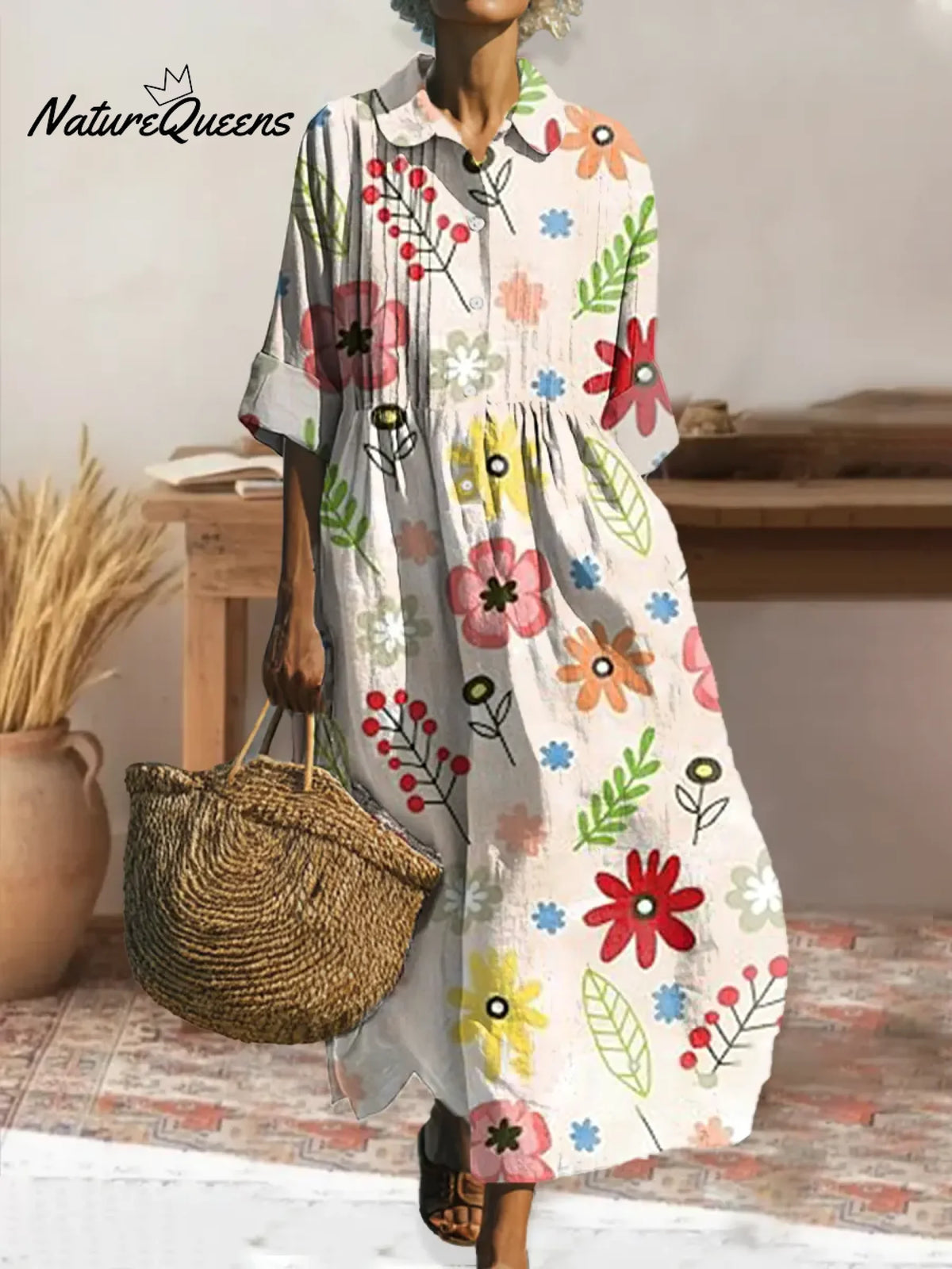 Women's Retro Floral Art Print Pleated Peter Pan Collar Casual Dress